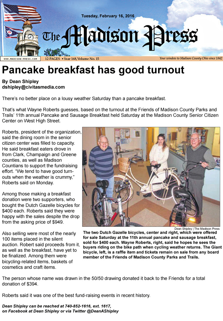 02-16-16 - Madison Press article:  Pancake breakfast has good turnout