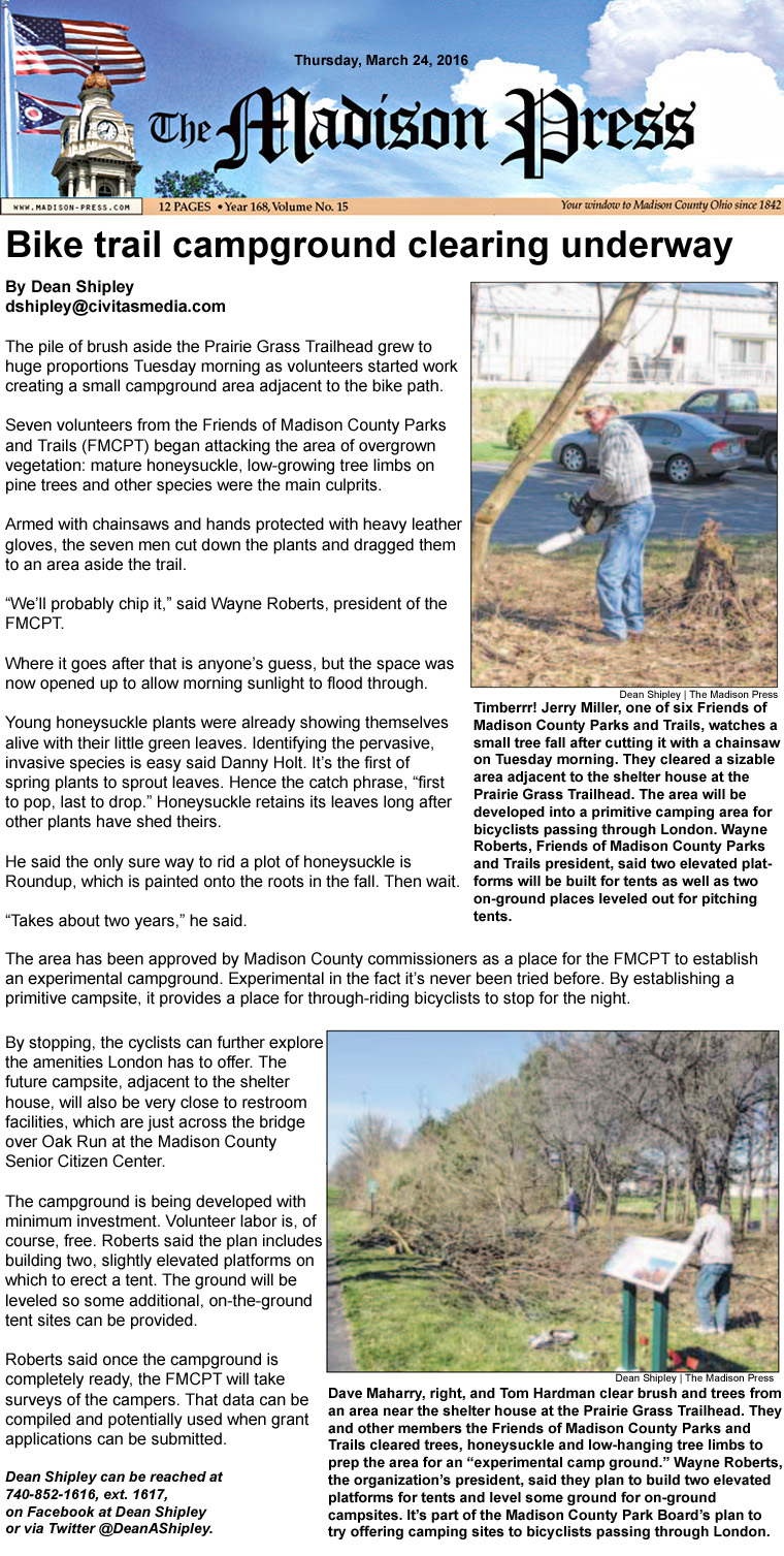 03-24-16 - Madison Press article:  Bike trail campground clearing underway