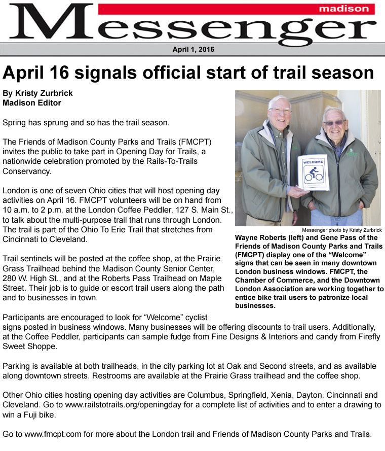 04-01-16 - Madison Messenger article:  April 16 signals official start of trail season