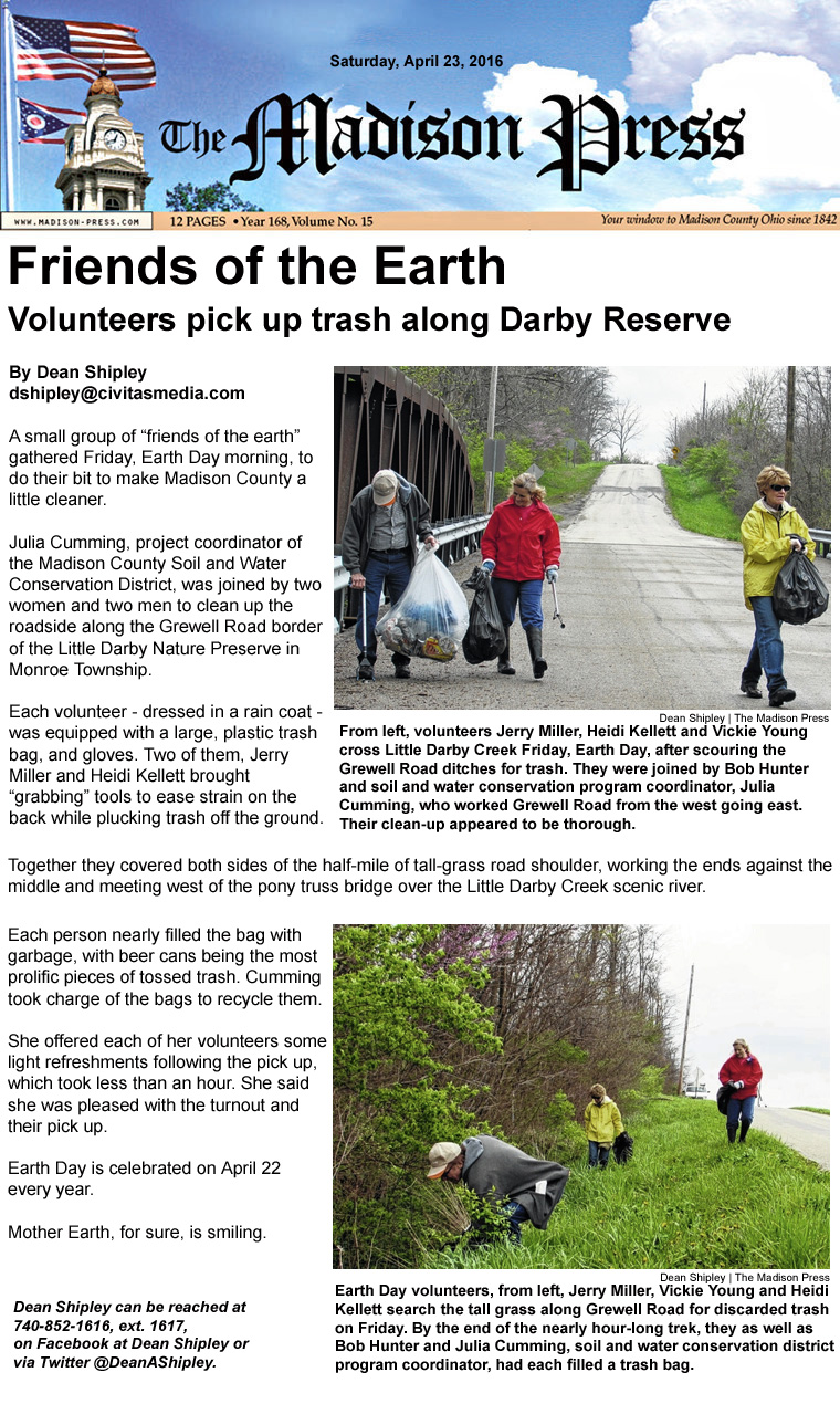 04-23-16 - Madison Press article:  Volunteers pick up trash along Darby Reserve