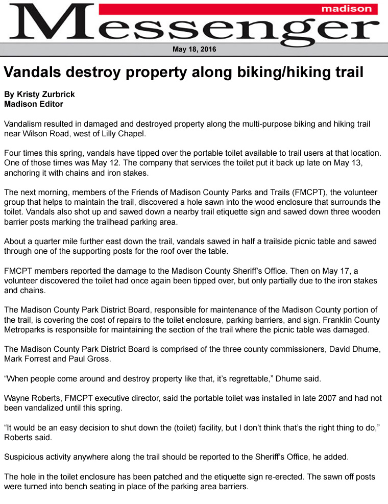 05-18-16 - Madison Messenger article:  Vandals destroy property along biking/hiking trail