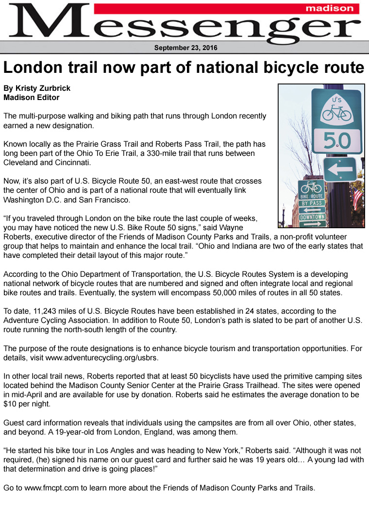 09-23-16 - Madison Messenger article:  London trail now part of national bicycle route