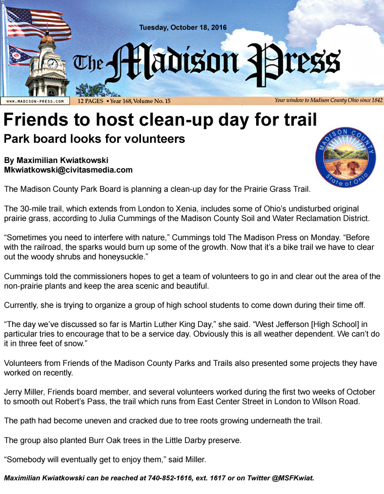 10-18-16 - Madison Press article:  Friends to host clean-up day for trail