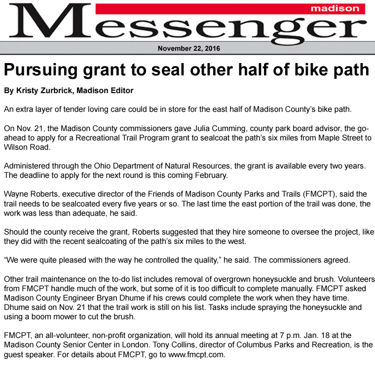 11-22-16 - Madison Messenger article:  Pursuing grant to seal other half of bike path