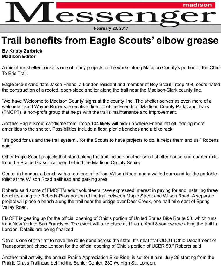 02-23-17 - Madison Messenger article: Trail benefits from Eagle Scouts' elbow grease