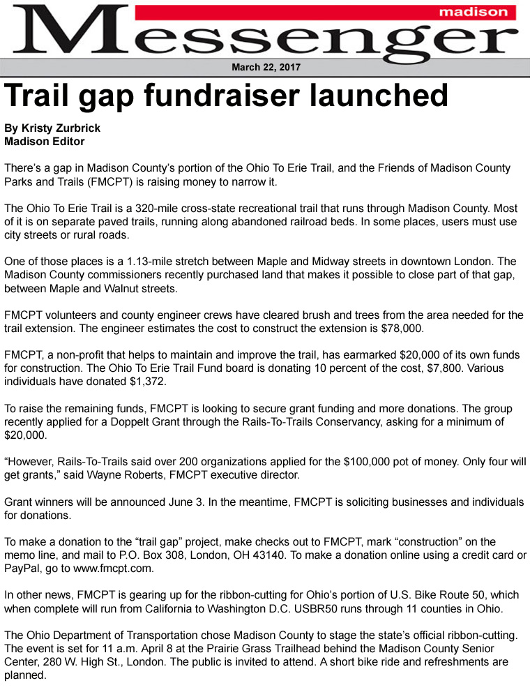 03-22-17 - Madison Messenger article: Trail gap fundraiser launched