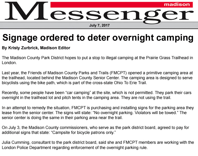 07-07-17 - Madison Messenger article:  Signage ordered to deter overnight camping