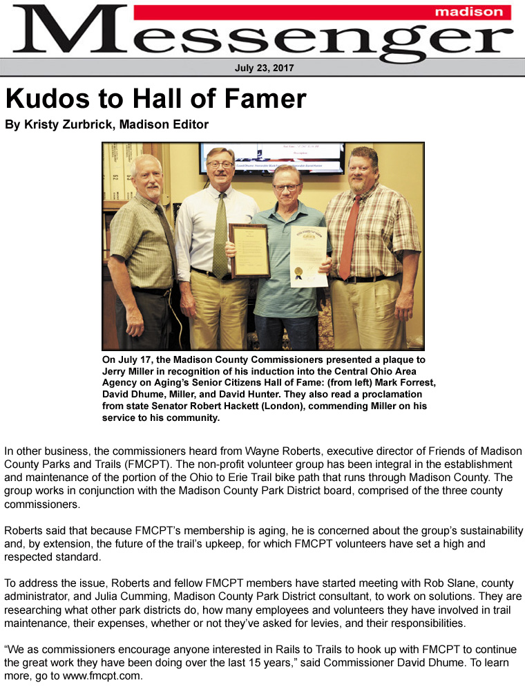 07-23-17 - Madison Messenger article:  Kudos to Hall of Famer