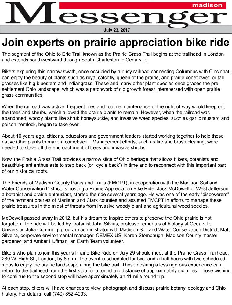 07-23-17 - Madison Messenger article:  Join experts on prairie appreciation bike ride