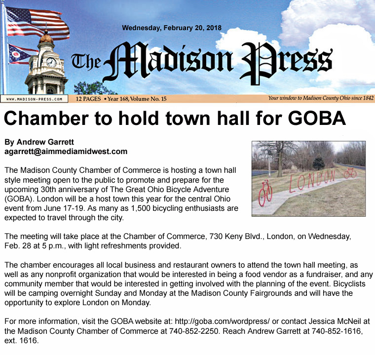 02-20-18 - Madison Press article: Chamber to hold town hall for GOBA