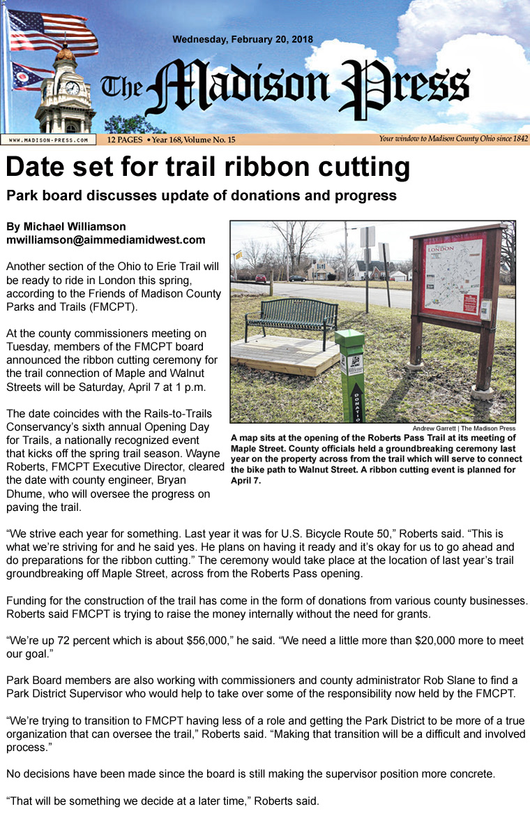 02-20-18 - Madison Press article: Date set for trail ribbon cutting