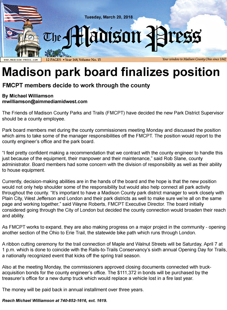 03-20-18 - Madison Press article: Madison park board finalizes position