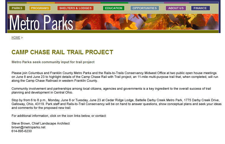 06-06-09 - Metro Parks Website:  Metro Parks Public Meetings Regarding Camp Chase Trail Project