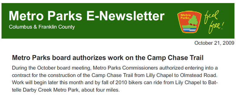 10-21-09 - Columbus Metro Parks E-Newsletter:  Metro Parks board authorizes work on the Camp Chase Trail