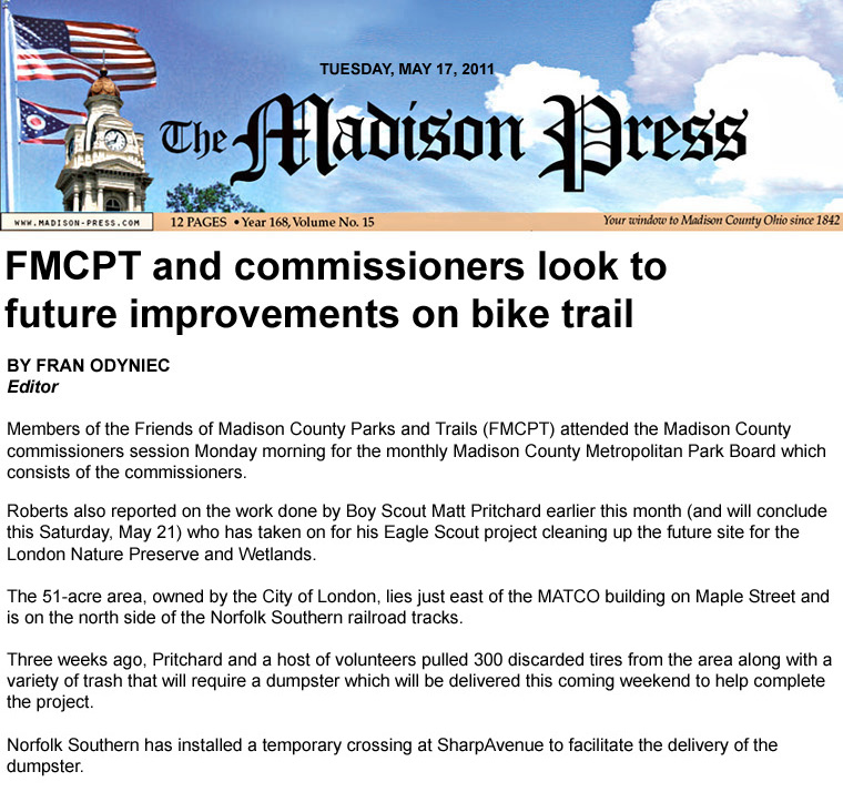 05-17-11 - Madison Press article: FMCPT and commissioners look to future improvements on bike trail