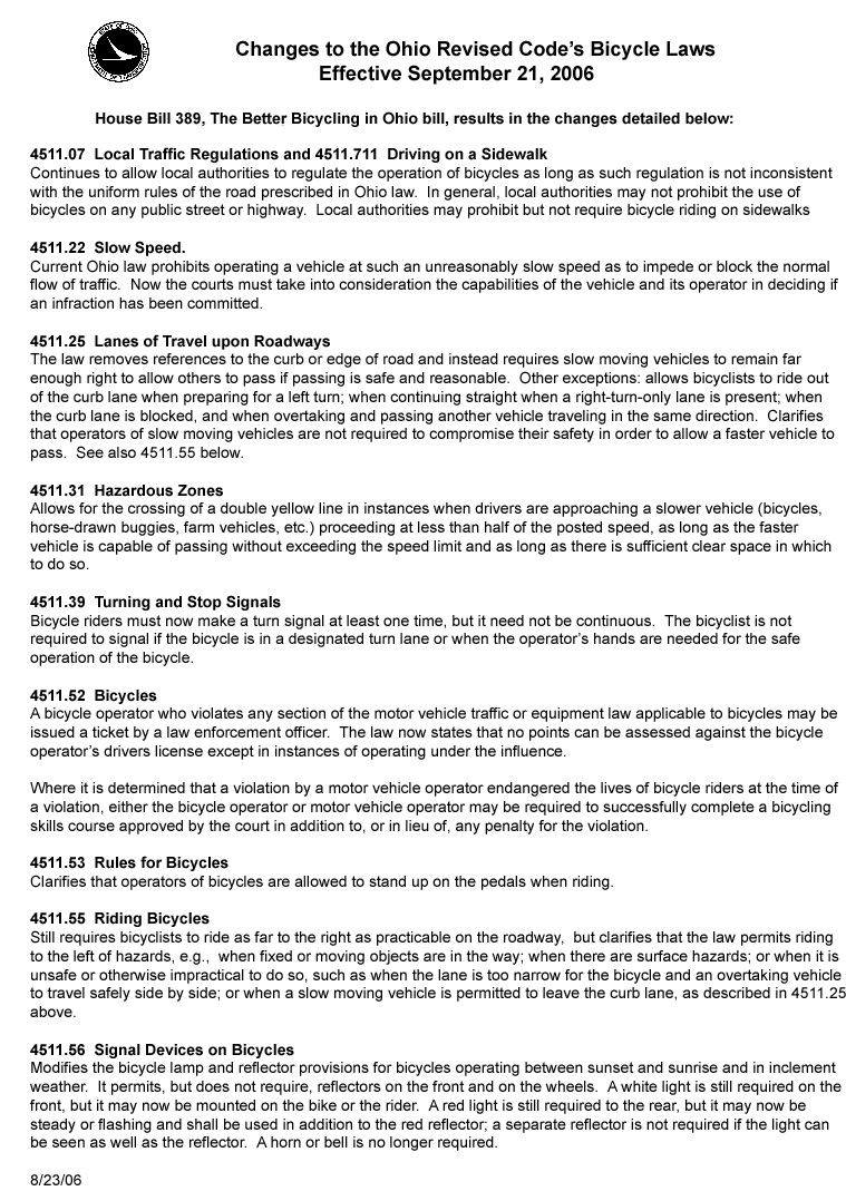 08-29-06 - Changes to the Ohio Revised Code’s Bicycle Laws - Effective September 21, 2006