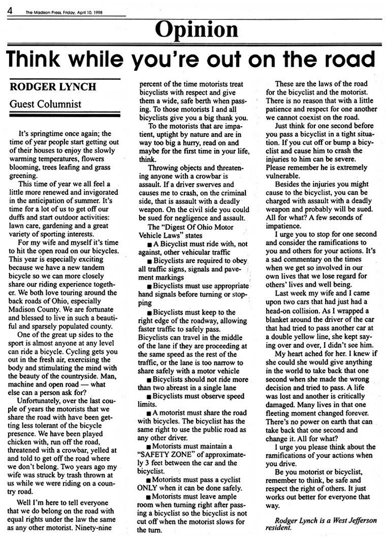 04-10-98 - Madison Press article: Think while you're out on the road